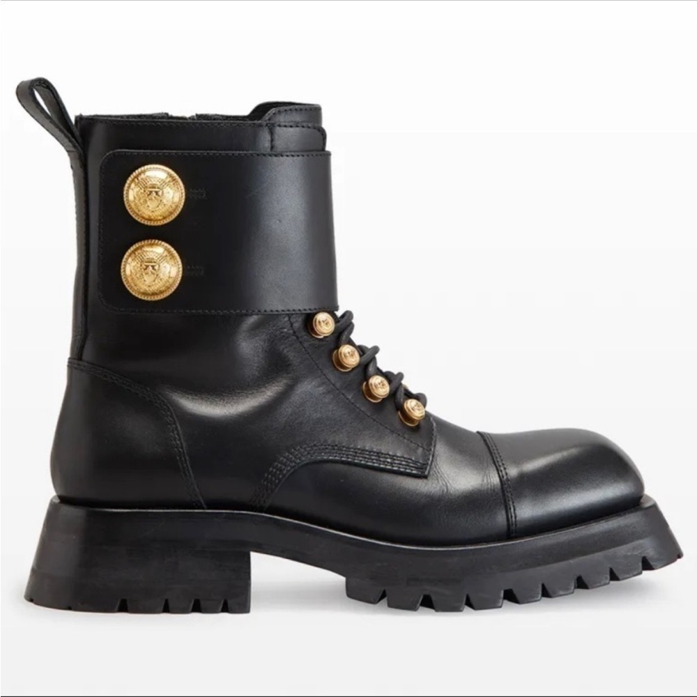 New Size 36.5 Balmain Calfskin Button Cuff Ranger Boots Black Gold